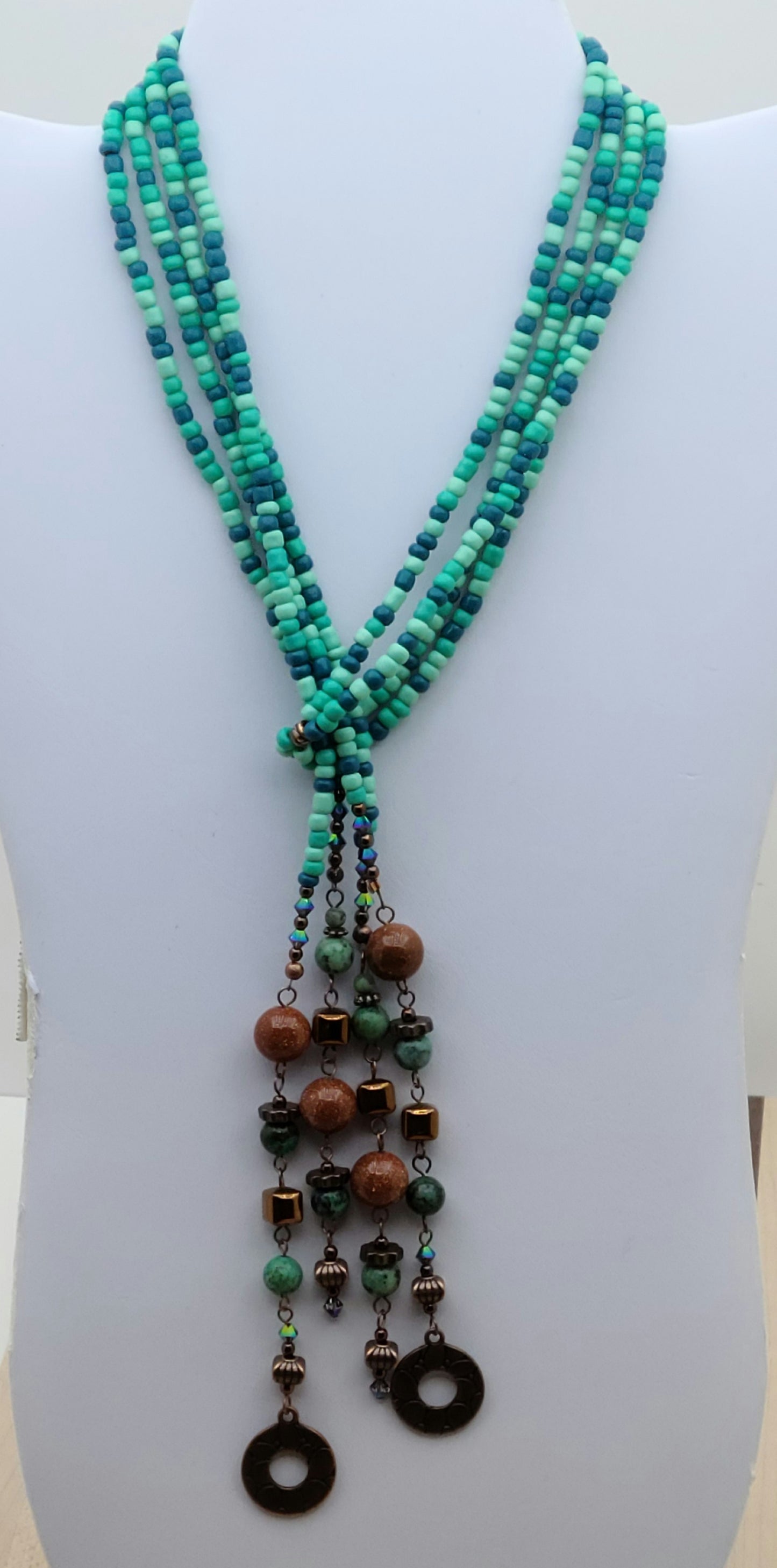 Copper, Turquoise. & Goldstone rope lariat necklace