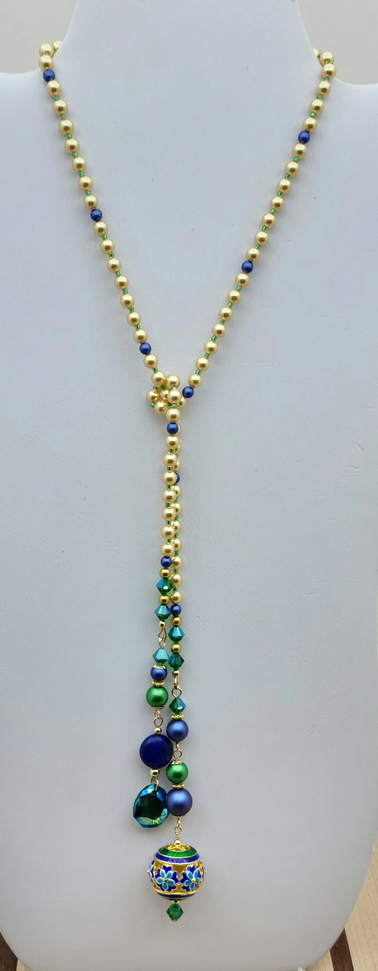 Blue, green, & gold cloisonne lariat necklace