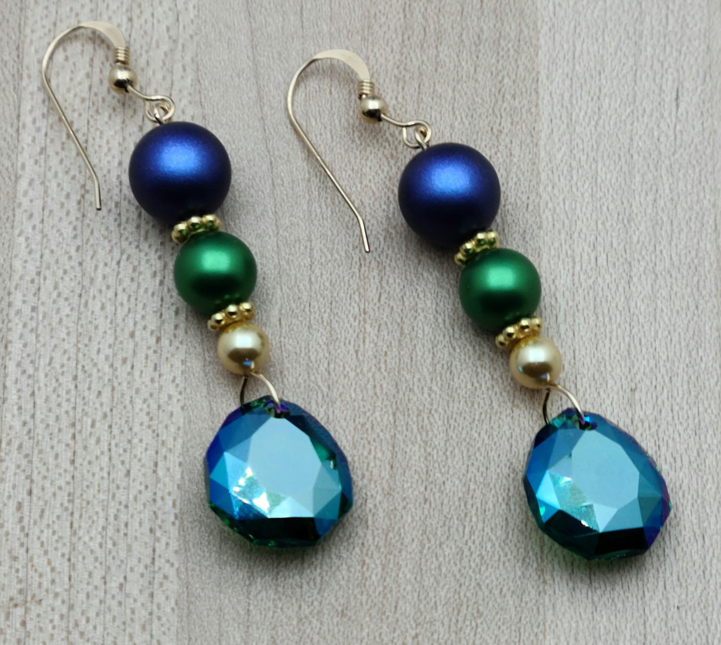 Blue, green & gold crystal & pearl earrings with gold fill fish hook ear wires