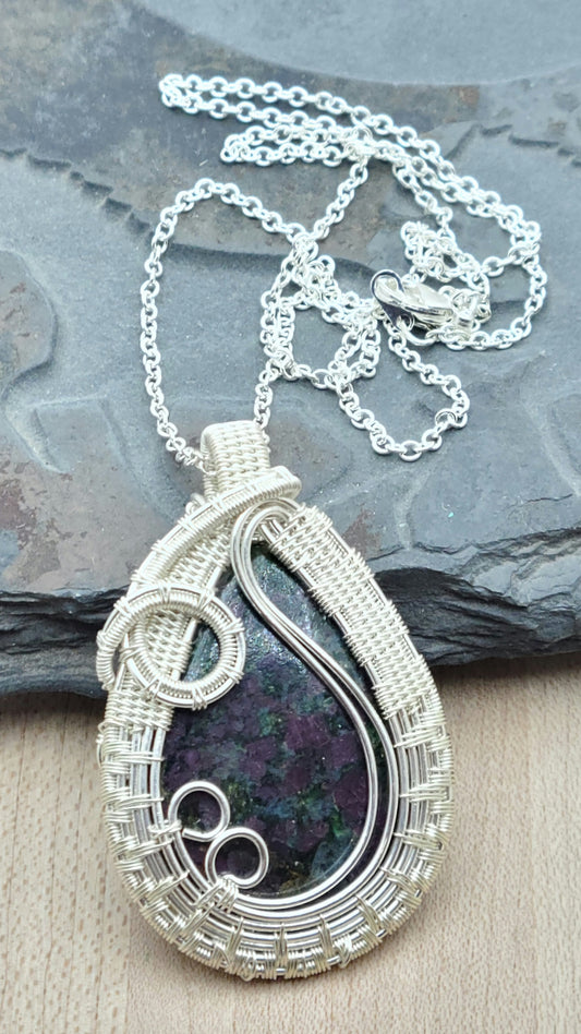 Woven Wire Ruby Fuchsite Teardrop Pendant