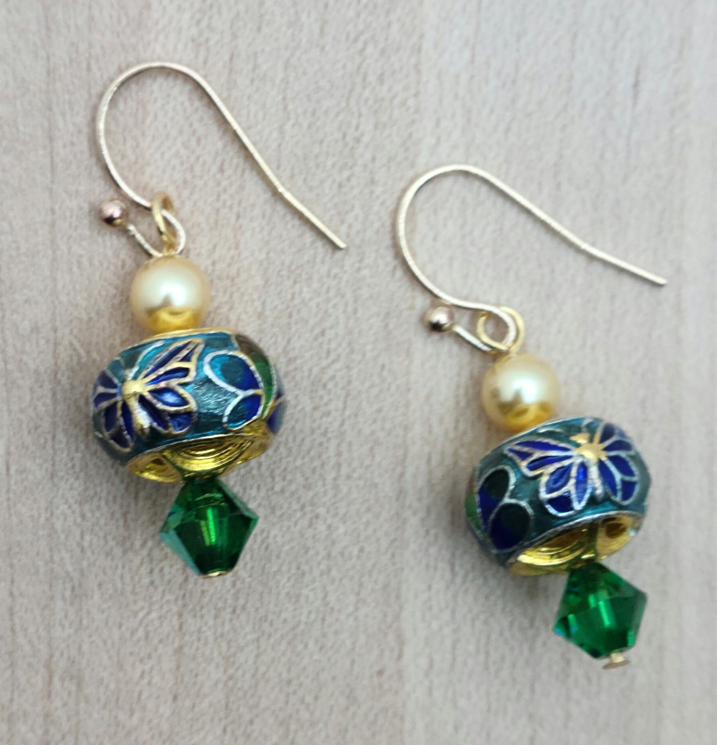 Butterfly Cloisonne Earrings - blue, green, gold with gold fill fish hook ear wires