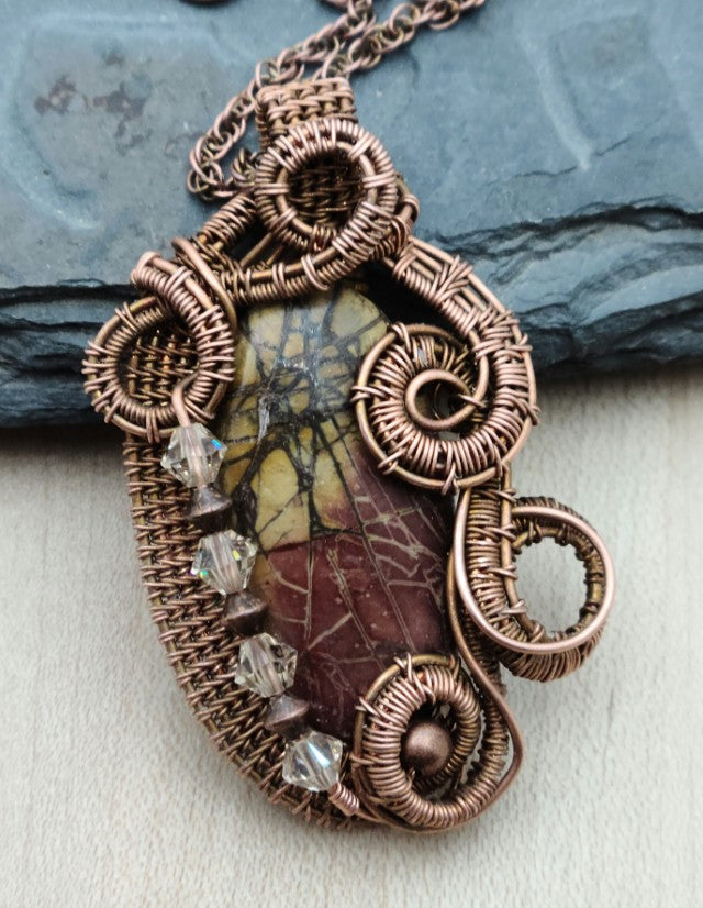 Woven Wire Red Creek Jasper Steampunk Pendant with crystal accent