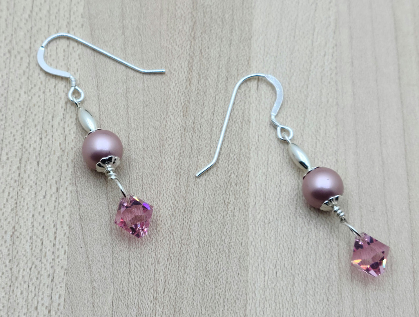 Rose Pink Crystal & crystal pearl Earrings on sterling silver fish hook ear wires