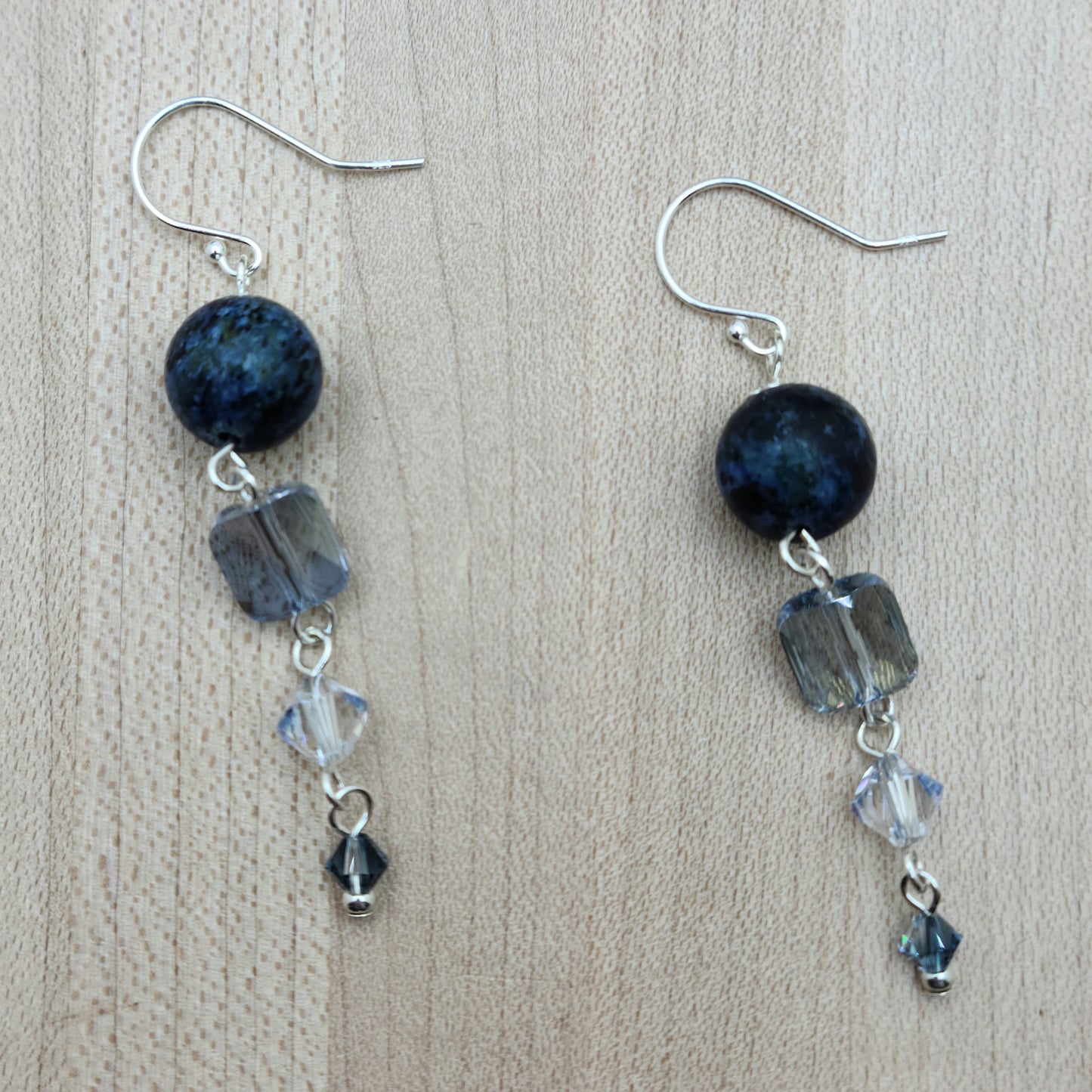 Deep, dark blue chrysocolla stones look great with three different shades of blue crystals. Lots of fun here! sterling silver fish hooks