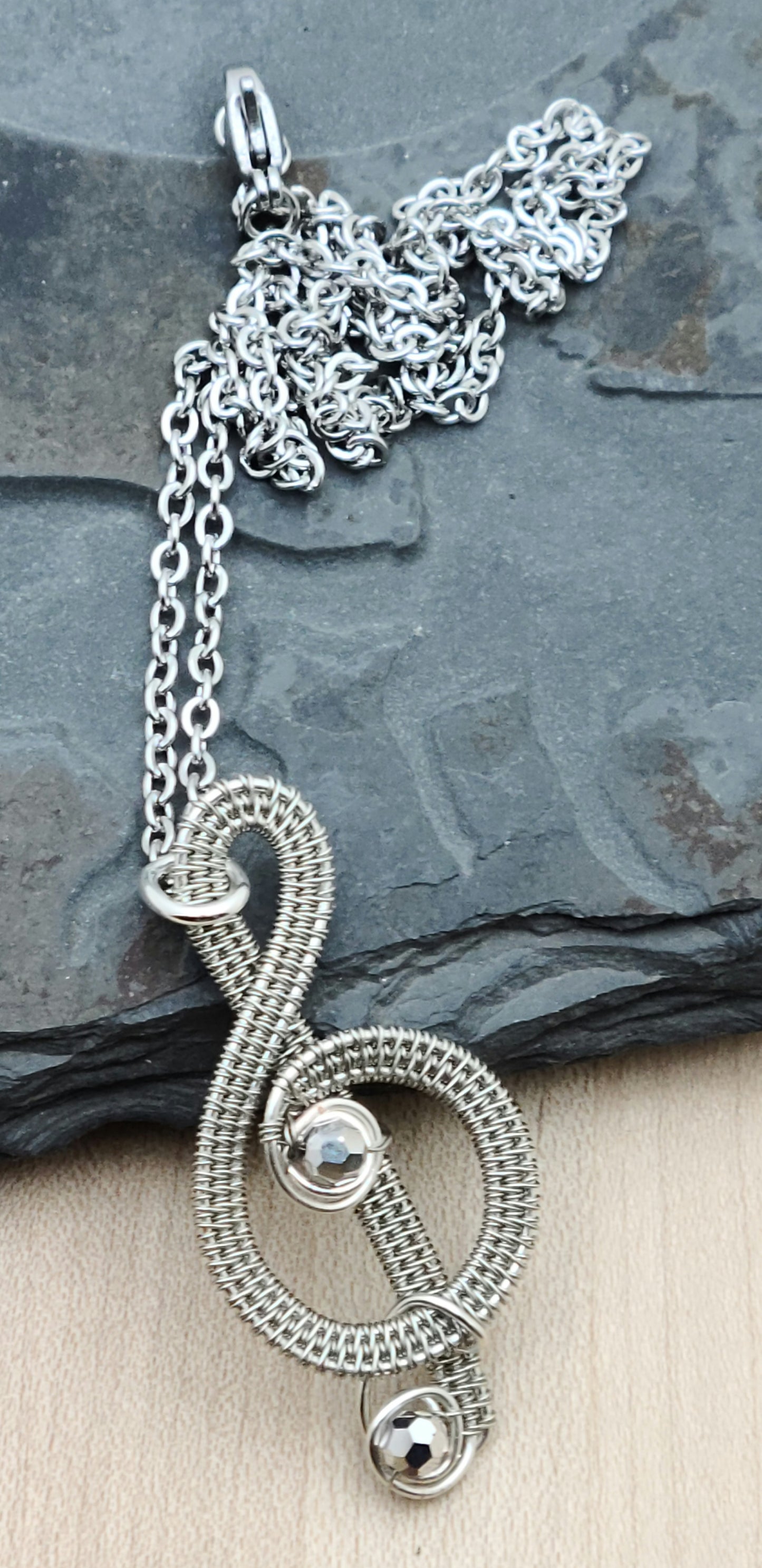 Woven Wire Tinned Copper & Crystal Treble Clef Pendant