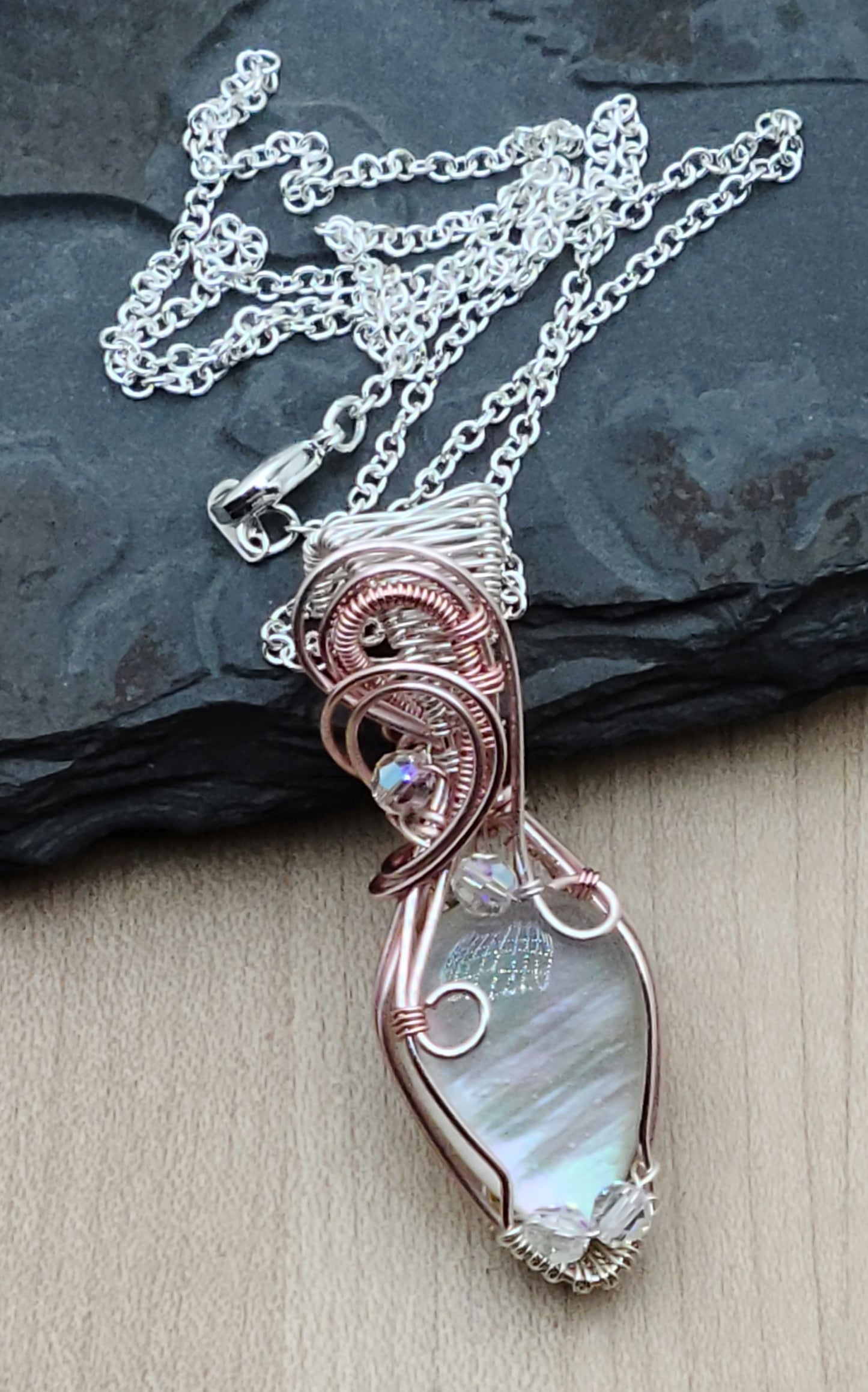 Woven Wire Mother of Pearl & Crystal Pendant with silk & silver wire
