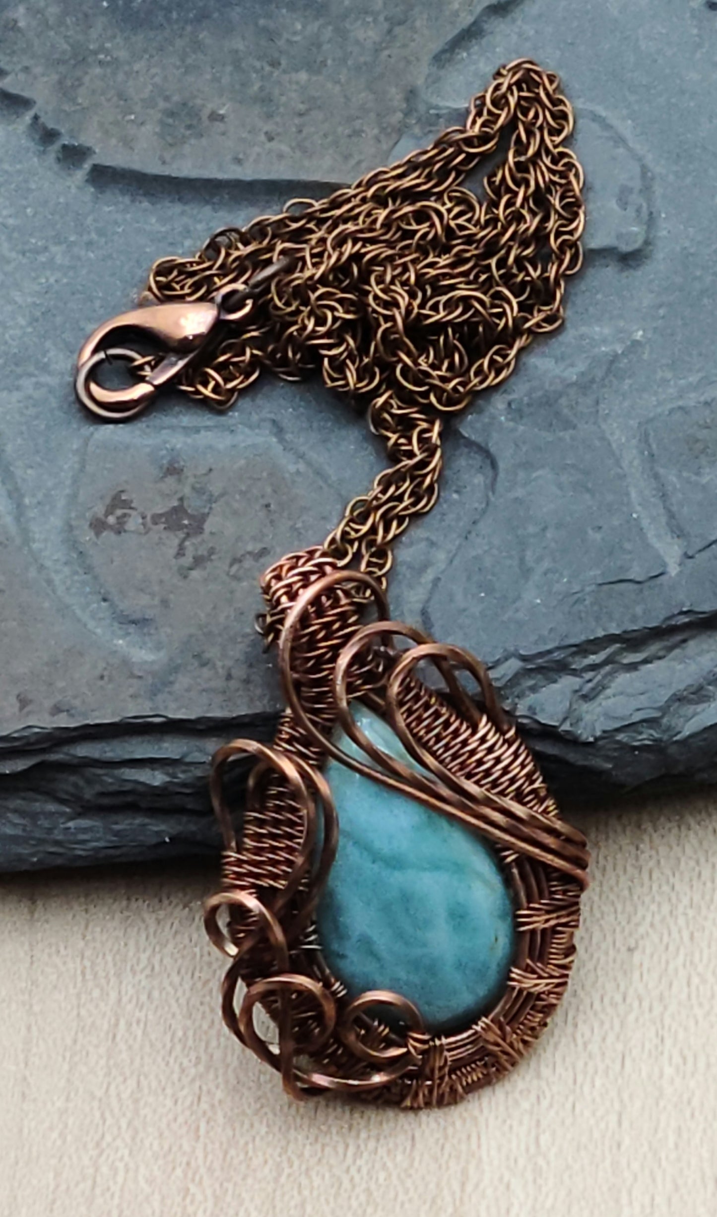 Copper Woven Wire & Dainty Amazonite Pendant