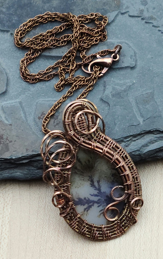 Copper Woven Wire Scenic Agate Pendant