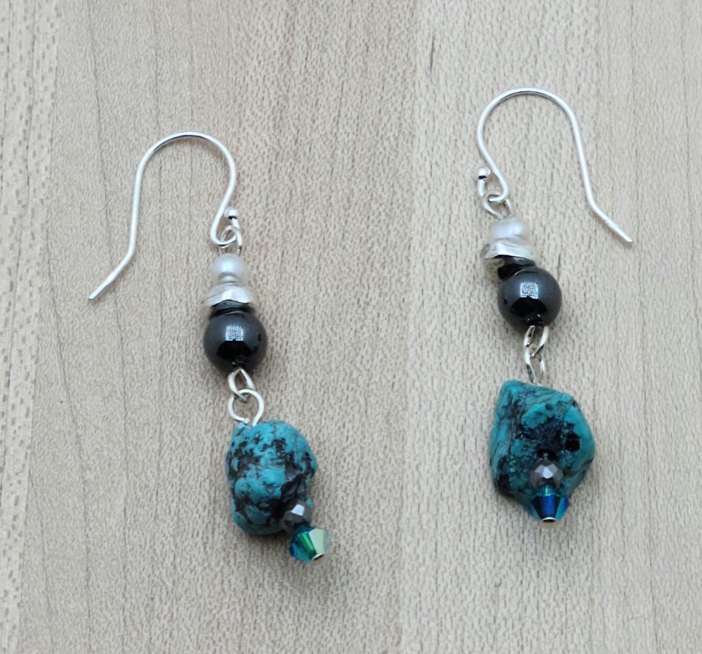 turquoise nugget, hematite, crystal, & FW pearl earrings.