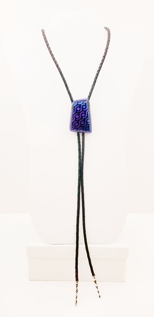 bolo tie of blue & lavender geometric designed dichroic glass with black leather