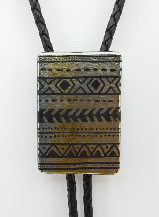 Bolo Tie - Etched Luminescent Silver/Black/Gold w/Geometric Lines Fused Glass