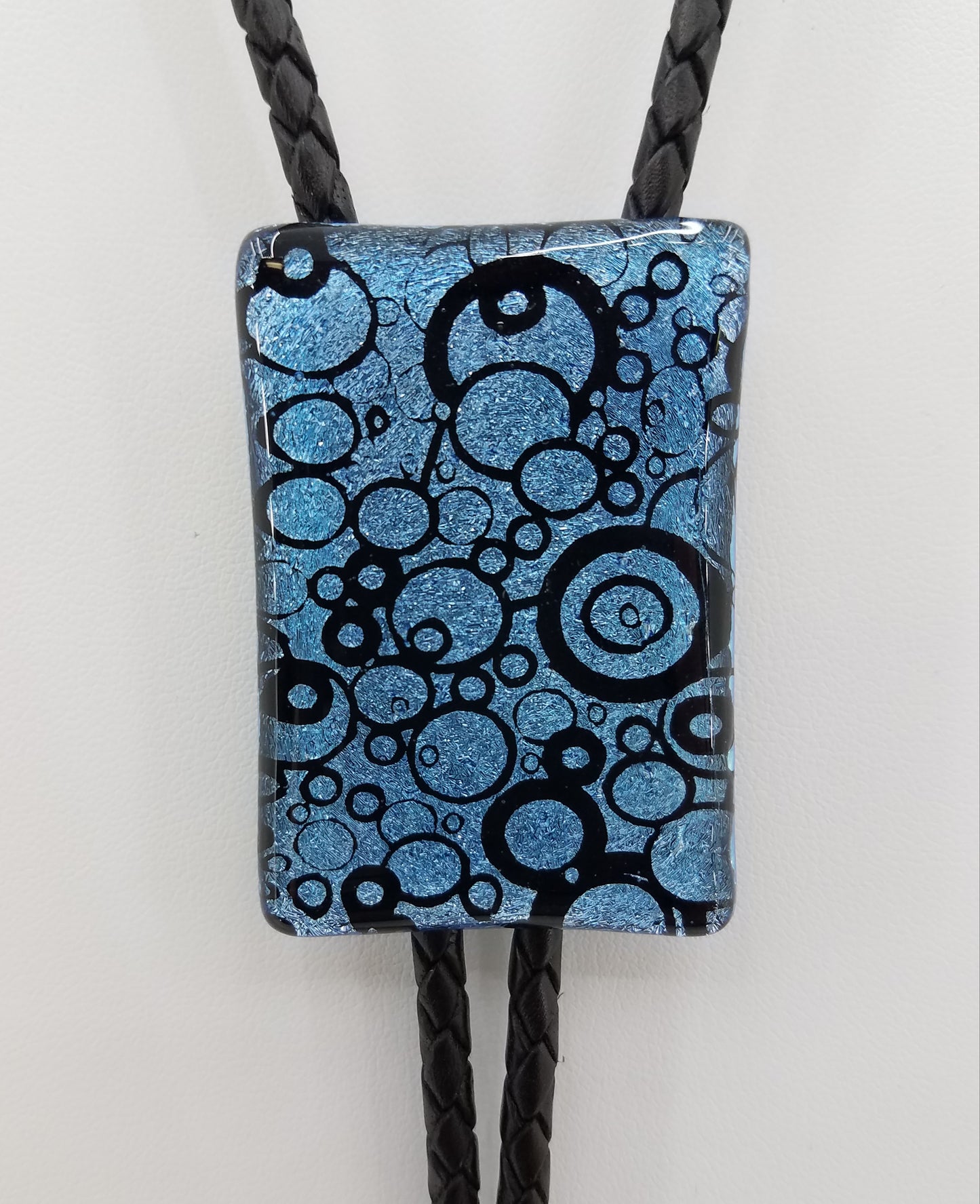 Bolo Tie -Clear Capped Silver w/Black Circles Dichroic Fused Glass