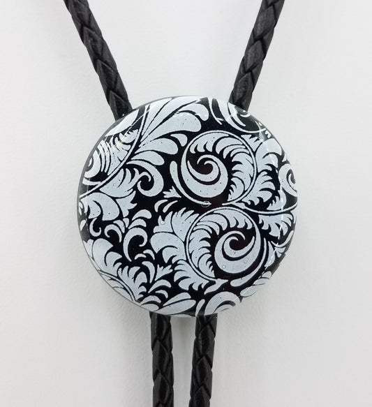 Bolo Tie - Black Disk w/White Flourish Fused Glass