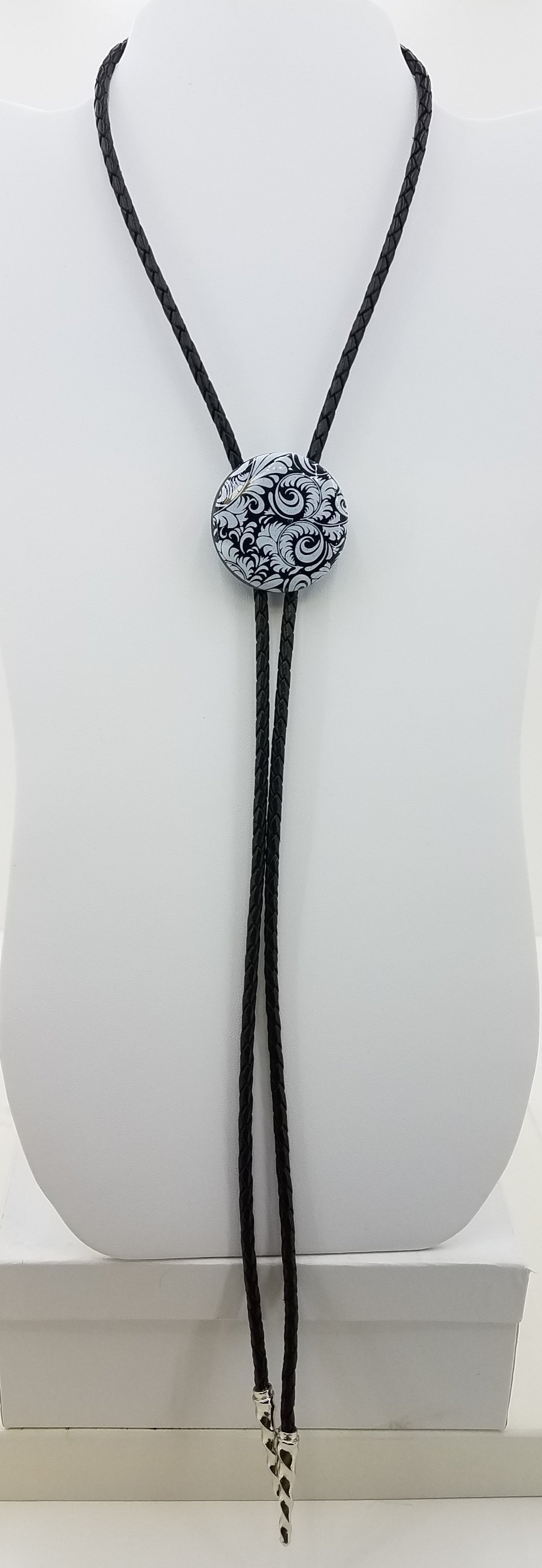 Bolo Tie - Black Disk w/White Flourish Fused Glass