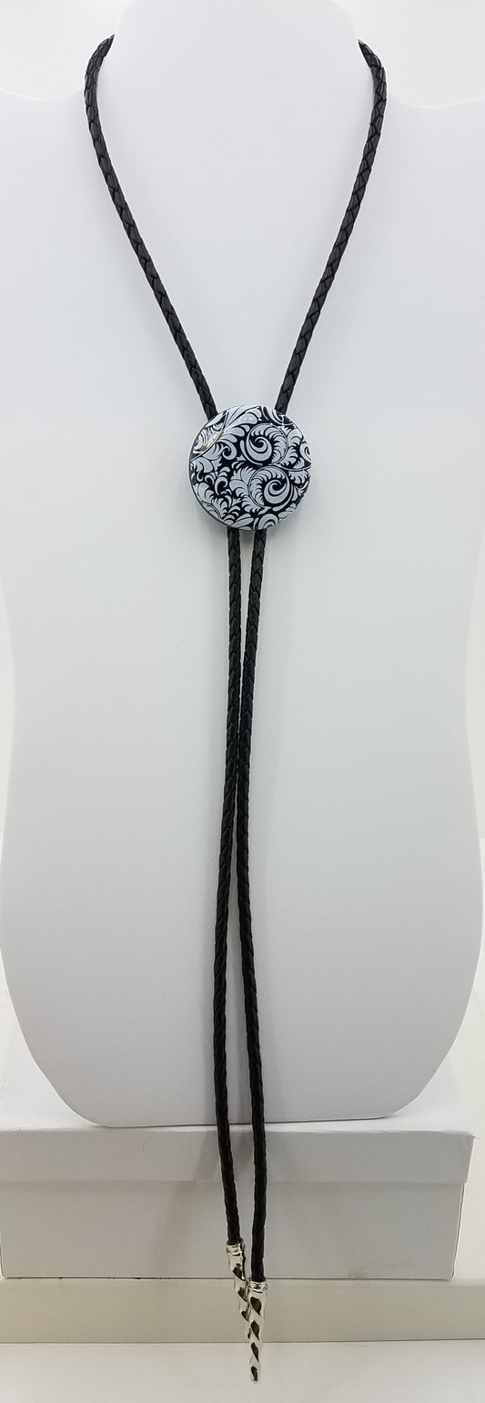 Bolo Tie - Black Disk w/White Flourish Fused Glass