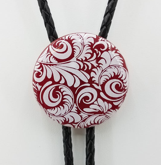 Bolo Tie - Red Disk w/White Flourish Fused Glass