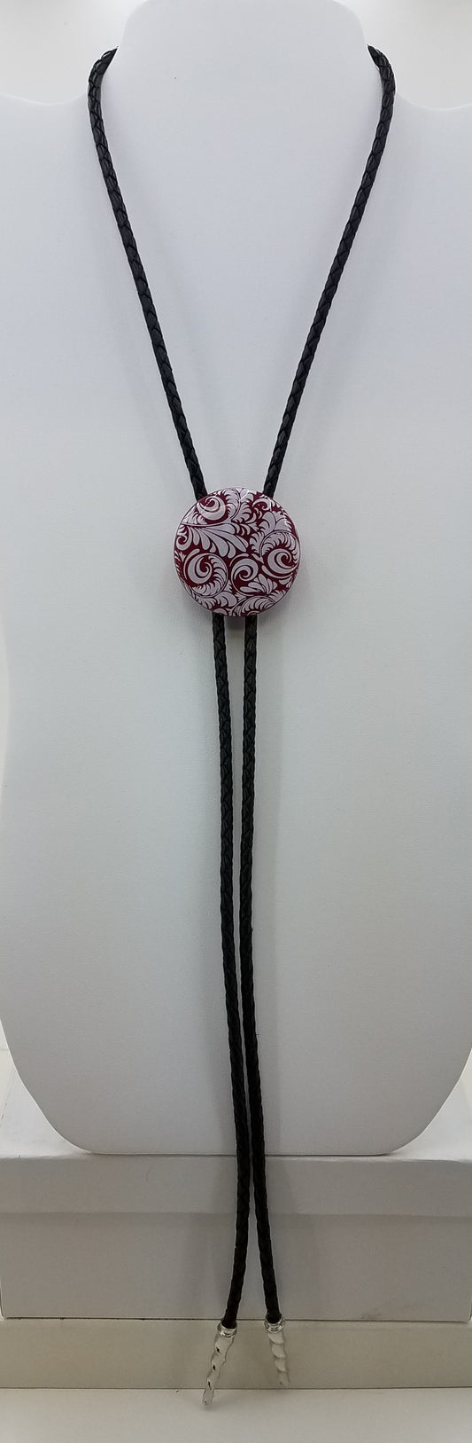 Bolo Tie - Red Disk w/White Flourish Fused Glass