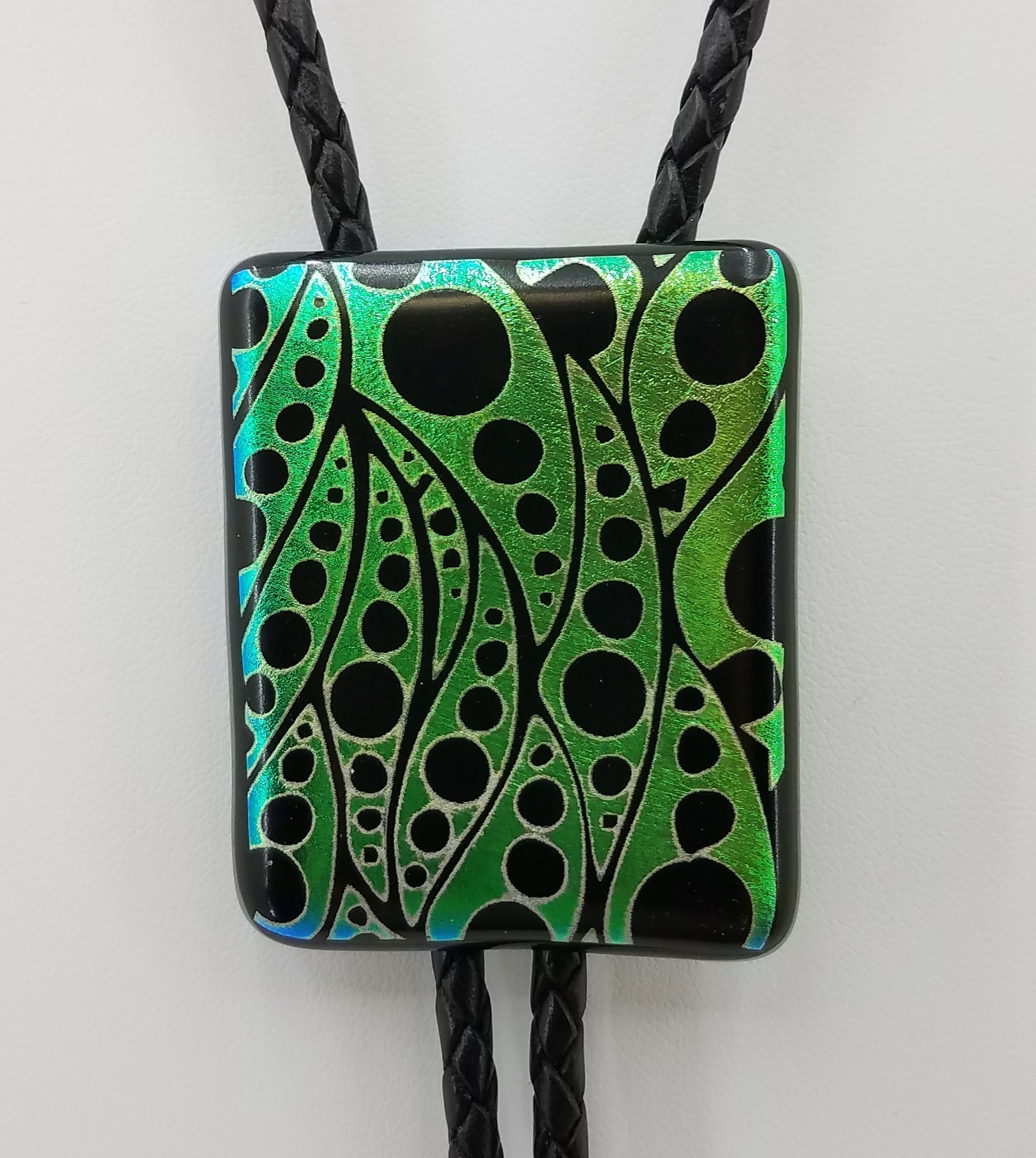 Bolo Tie - Green & Black Dichroic w/Geometric Leaves Fused Glass