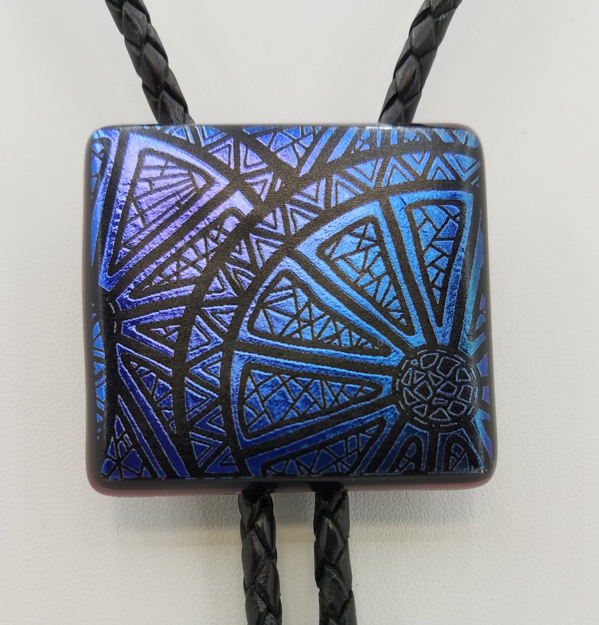 Bolo Tie -Wheels etched on Blue to Purple Dichroic Fused Glass