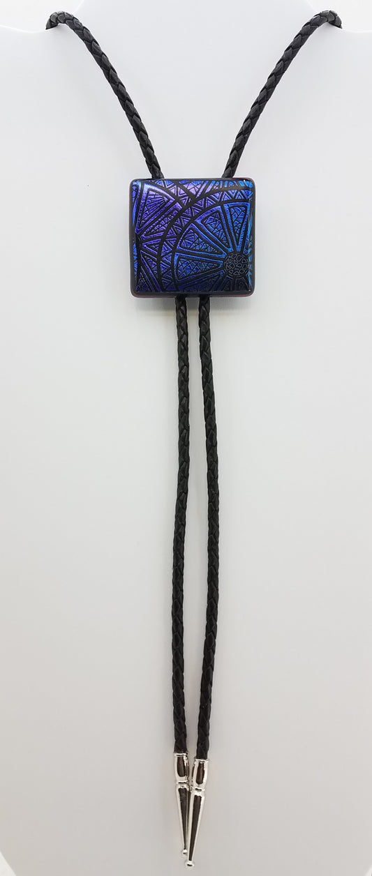 Bolo Tie -Wheels etched on Blue to Purple Dichroic Fused Glass