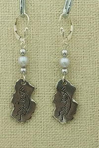 Lead Free Pewter Kokopelli Petroglyph & Grey Crystal Pearl & Sterling Silver Leverback Earrings - 2 7/16"
