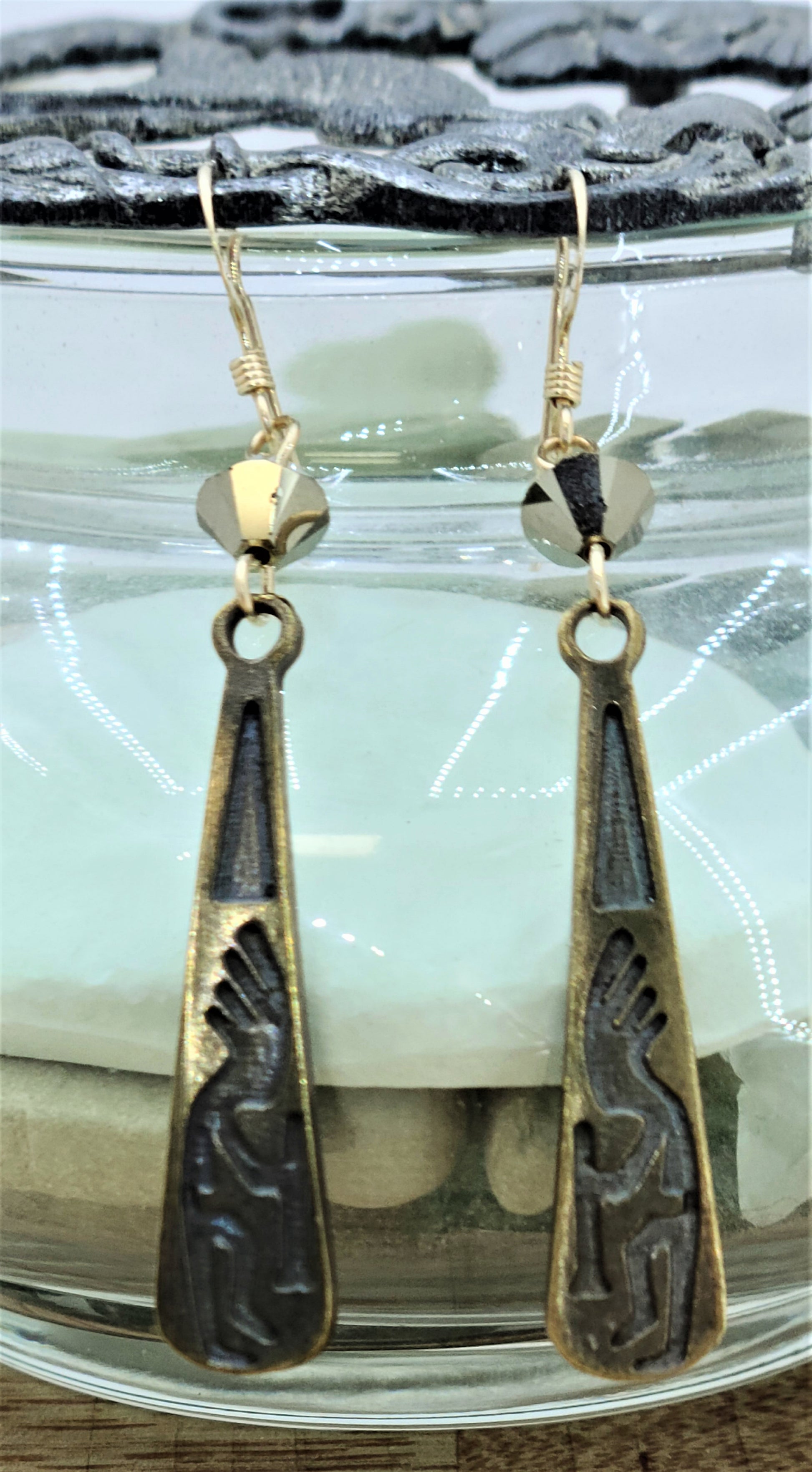 Bronze Pewter Kokopelli Teardrop with Metallic Gold Crystals Fish Hook Earrings