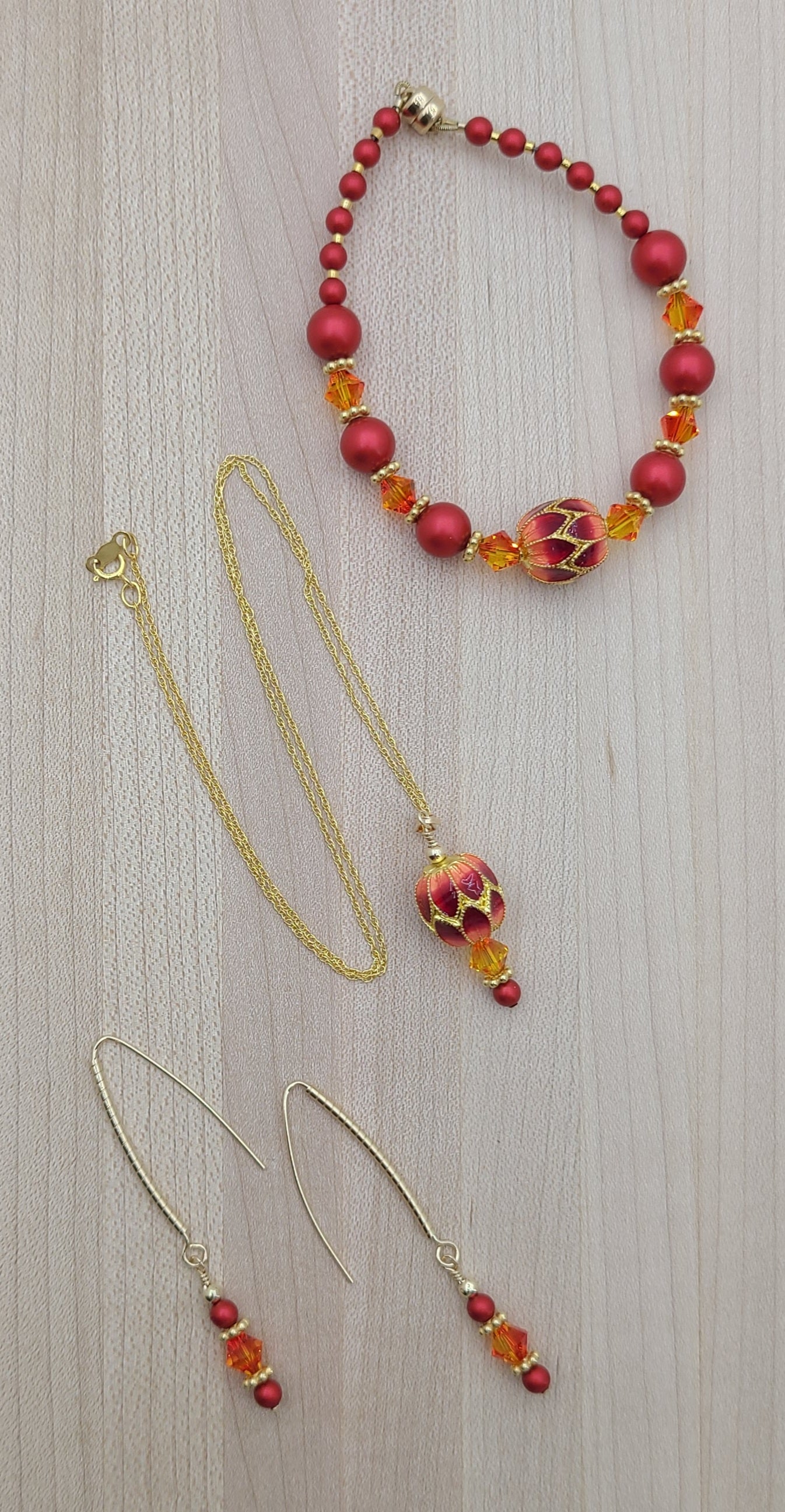 Cloisonné Red Lanterns. Crystal, & Crystal Pearls Necklace, Bracelet, & Earrings