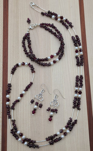 Garnet, FW Pearls, & Crystal Rope Necklace, Bracelet, & Earrings