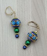 gold, blue, green cloisonne lever back earrings