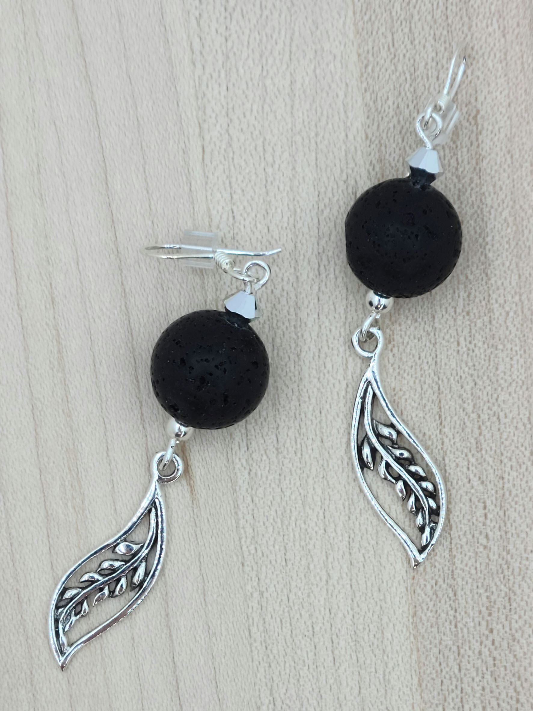 Lava Stone, Sterling Silver Leaves & Crystal Earrings