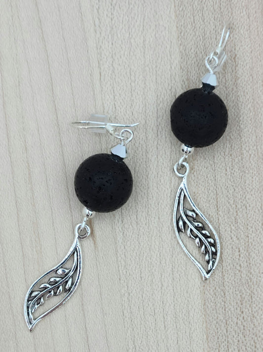 Lava Stone, Sterling Silver Leaves & Crystal Earrings