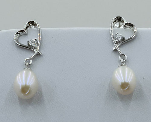 Pearl on Heart with CZs Earrings