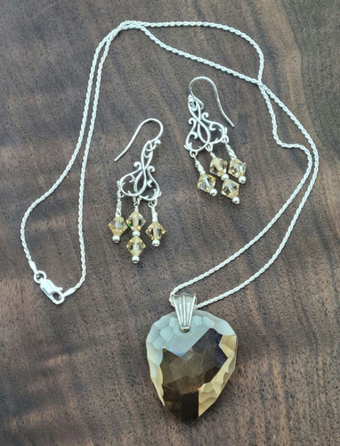 Golden Crystal Rock Pendant Necklace & Chandelier Earrings