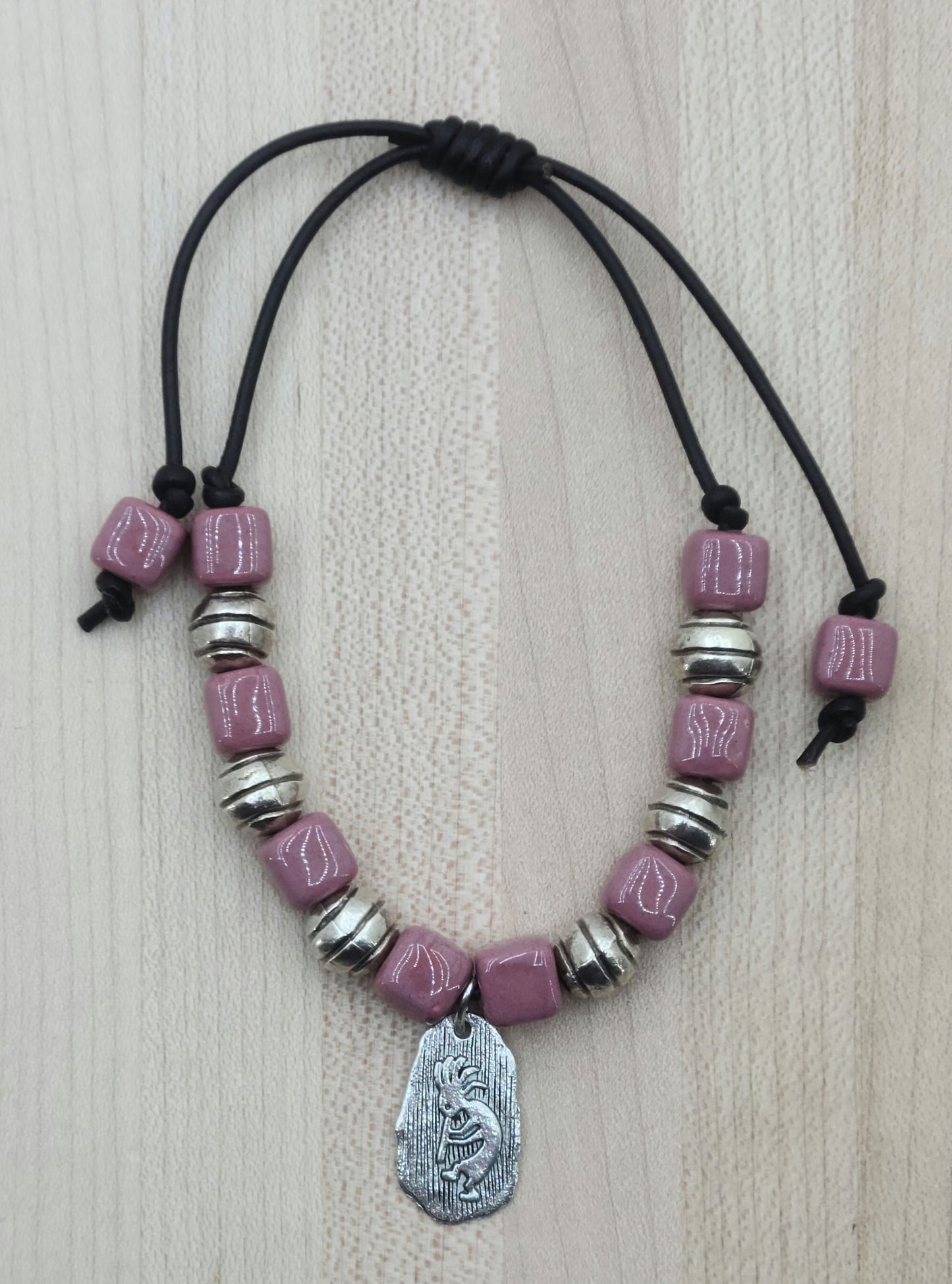 Kokopelli & Pink Ceramic Leather Slider Bracelet