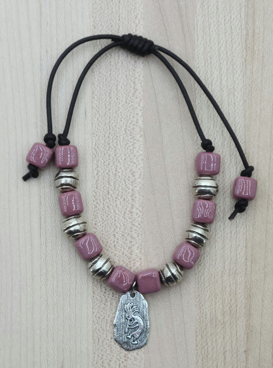 Kokopelli & Pink Ceramic Leather Slider Bracelet