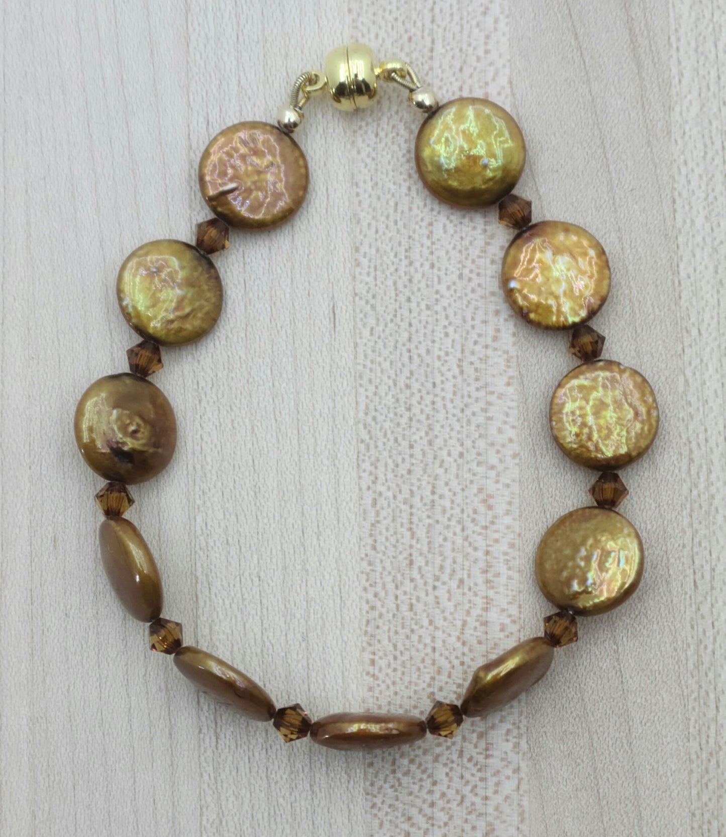 Bronze Coin Pearl & Amber Crystal Bracelet