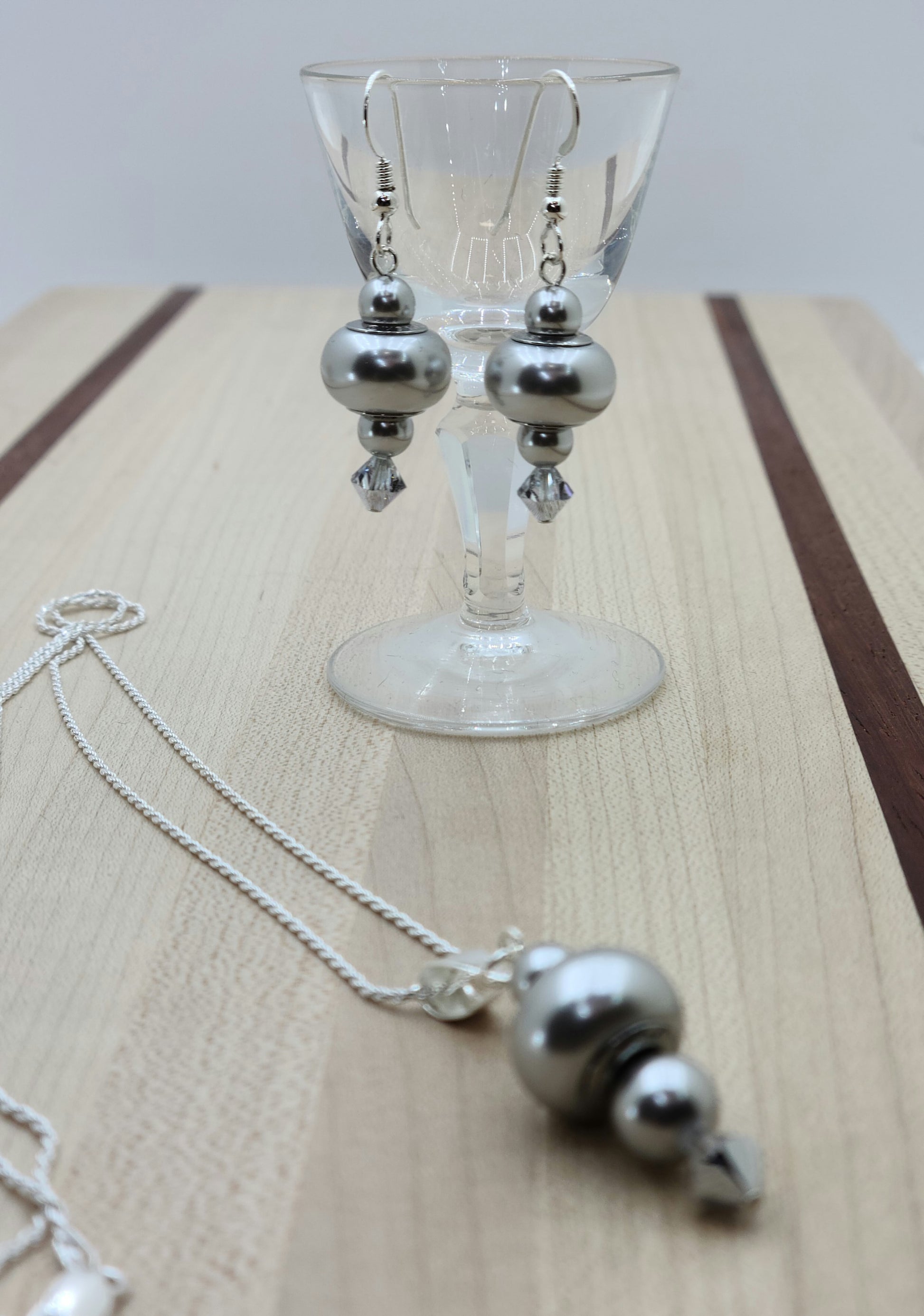 Silver Crystal Pearls Necklace & Earrings