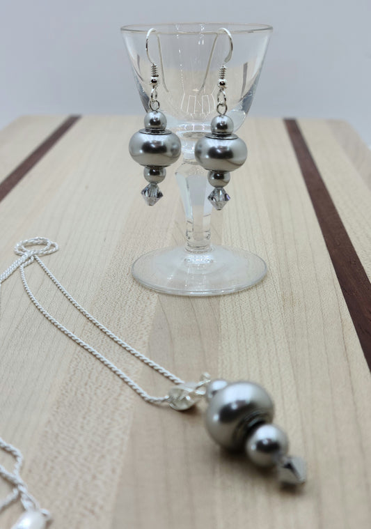 Silver Crystal Pearls Necklace & Earrings
