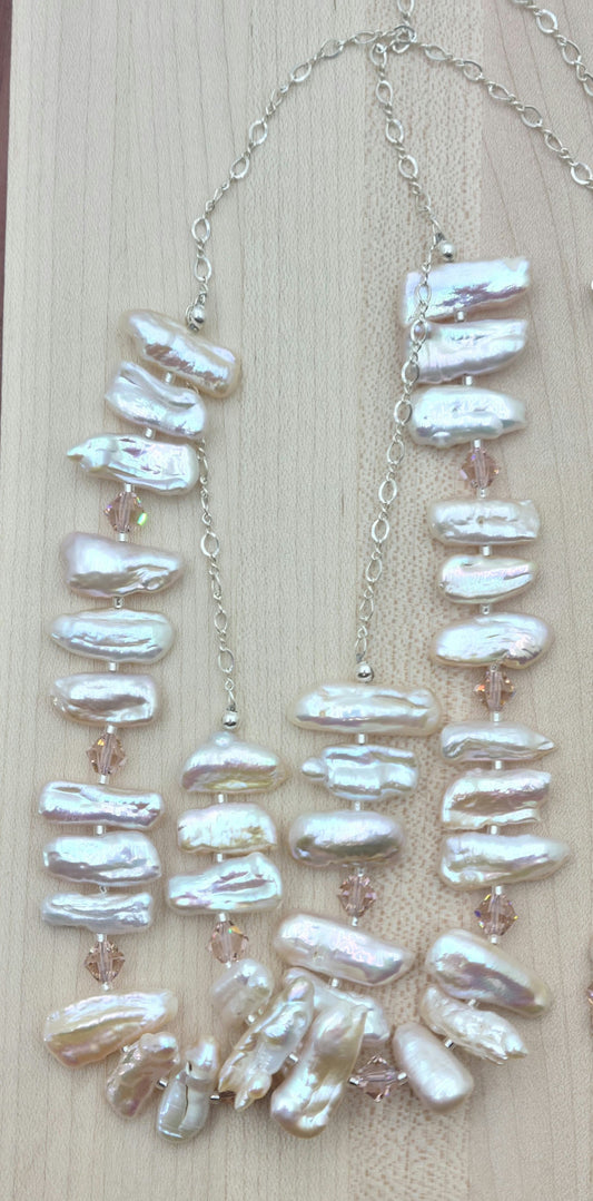 Pinkish Peach Angel Wing Pearls Necklace & Keshi Earrings