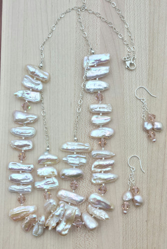 Pinkish Peach Angel Wing Pearls Necklace & Keshi Earrings