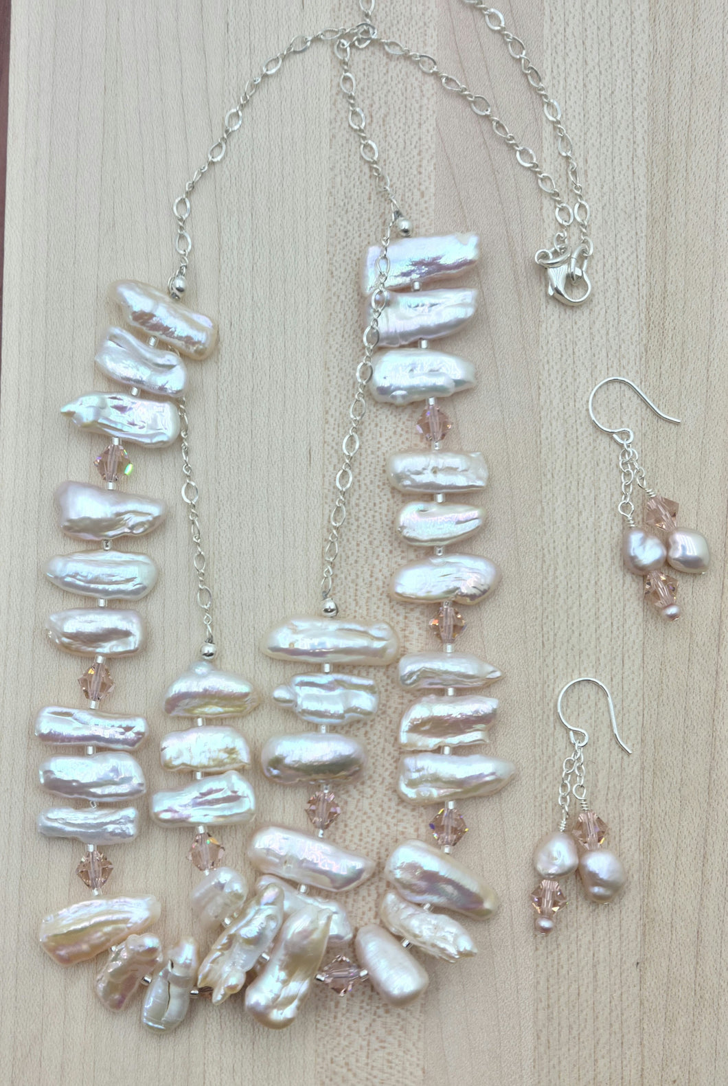 Pinkish Peach Angel Wing Pearls Necklace & Keshi Earrings