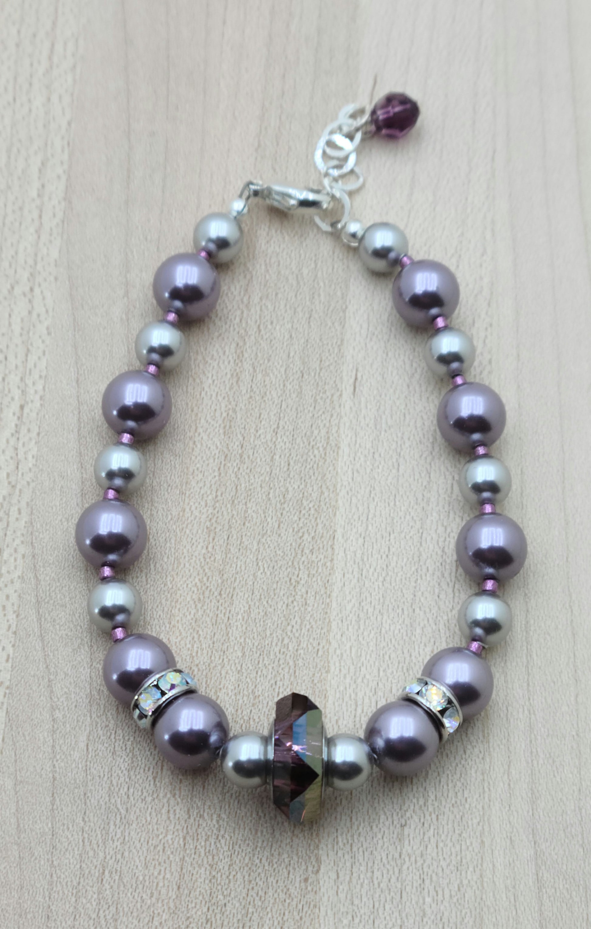 silver & dark & light mauve crystal pearl & crystal bracelet