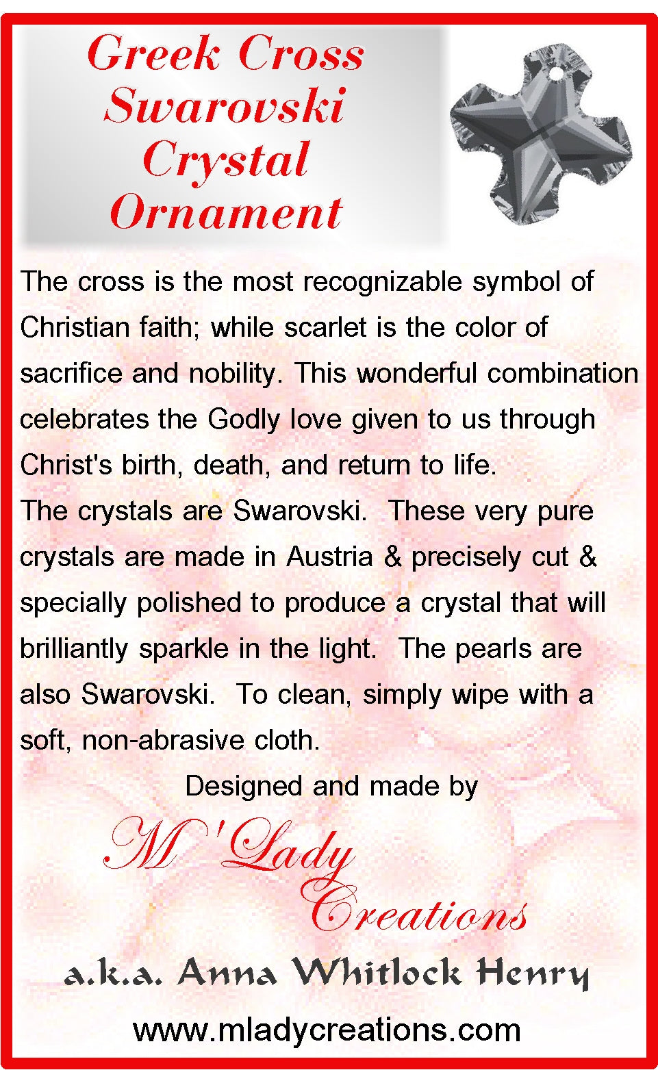 Christmas-Ornament-Crystal-Greek-Cross-Red-Scarlet-description-card