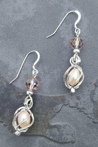 caged pink pearl fish hook earrings