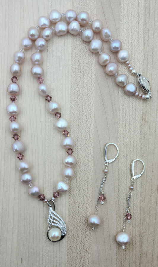 lavender nugget pearls, crystal, & cz necklace & earrings