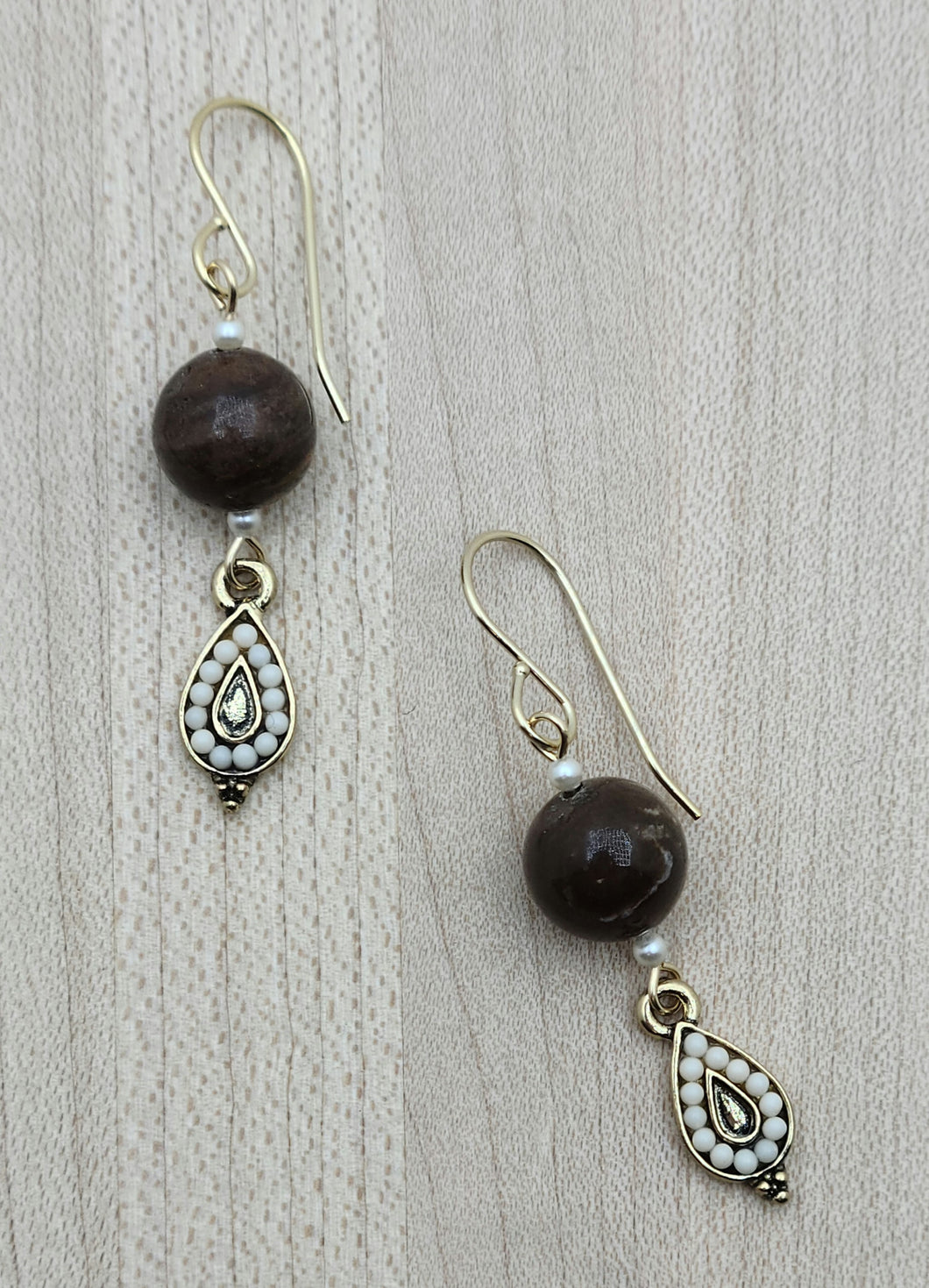 Chocolate brown zebra jasper pairs perfectly with tiny Zola Elements teardrops of cream & gold plate & tiny cream crystal pearls! 1 7/8
