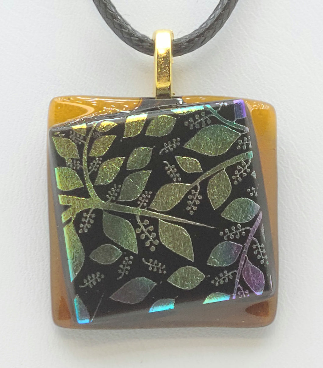 Gold Leaves on Amber Dichroic Fused Glass Pendant