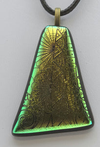 Gold/Green Geometrics Etched Dichroic Fused Glass Pendant