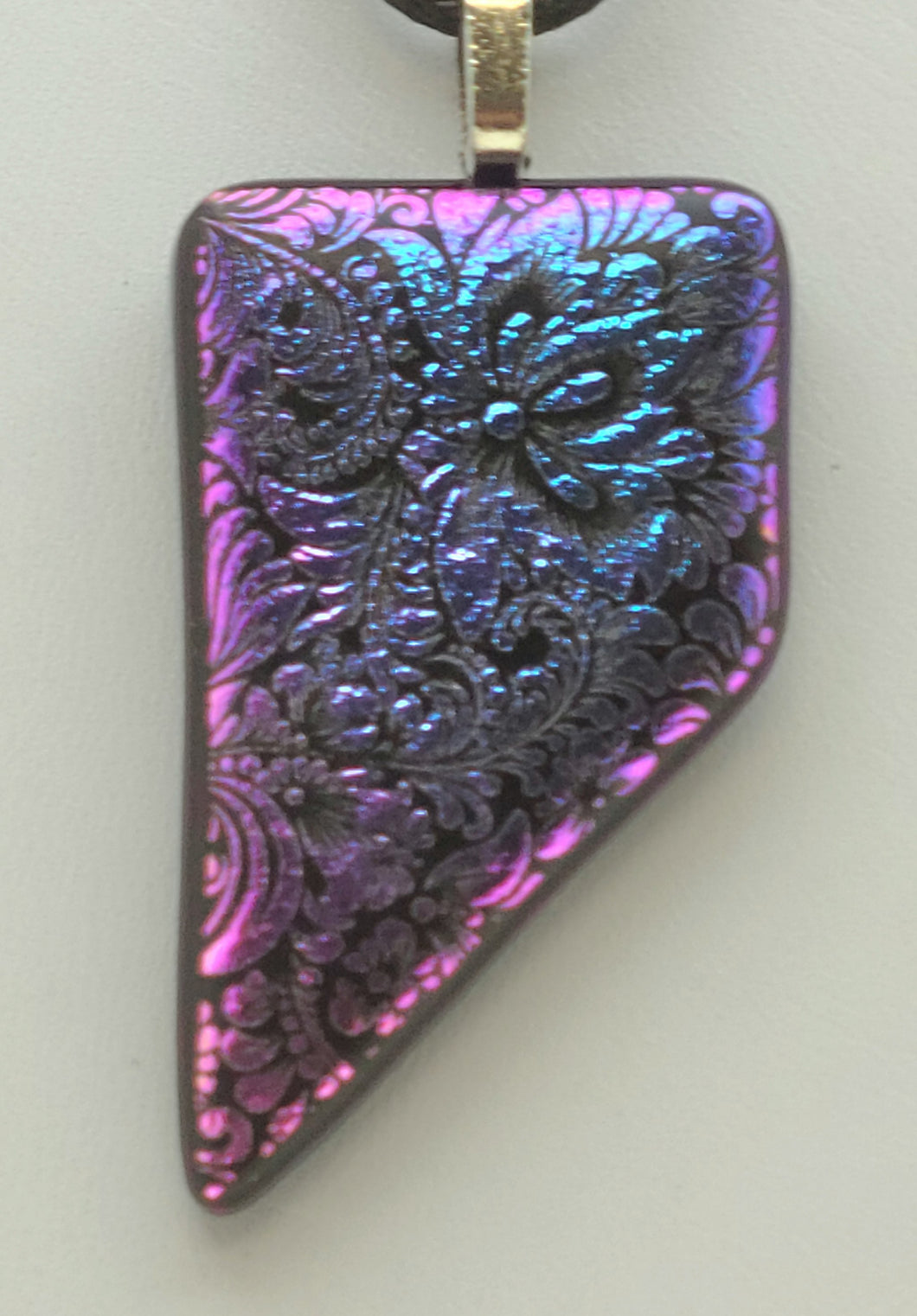 Blue/Fuchsia Tapestry Etched Dichroic Fused Glass Pendant