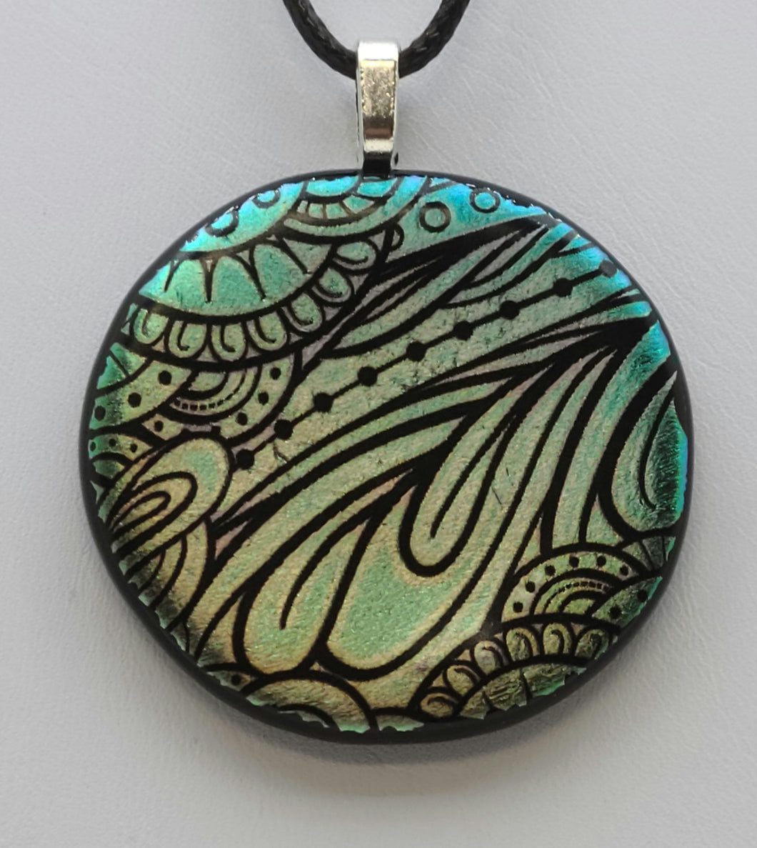 Pale Teal Disk Etched Dichroic Fused Glass Pendant
